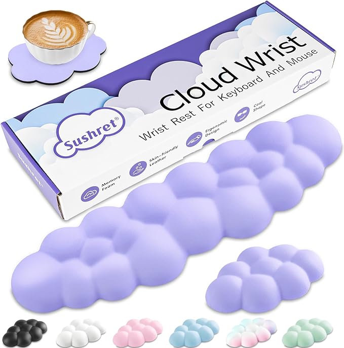 Sushret Cloud Wrist Rest Keyboard, Cloud Keyboard Wrist Pad Set with PU Leather Memory Foam, Cute Arm Rest for Palm Support, PC/Gaming Desk Accessories/Office Setup/Computer Hand Cushion - Purple