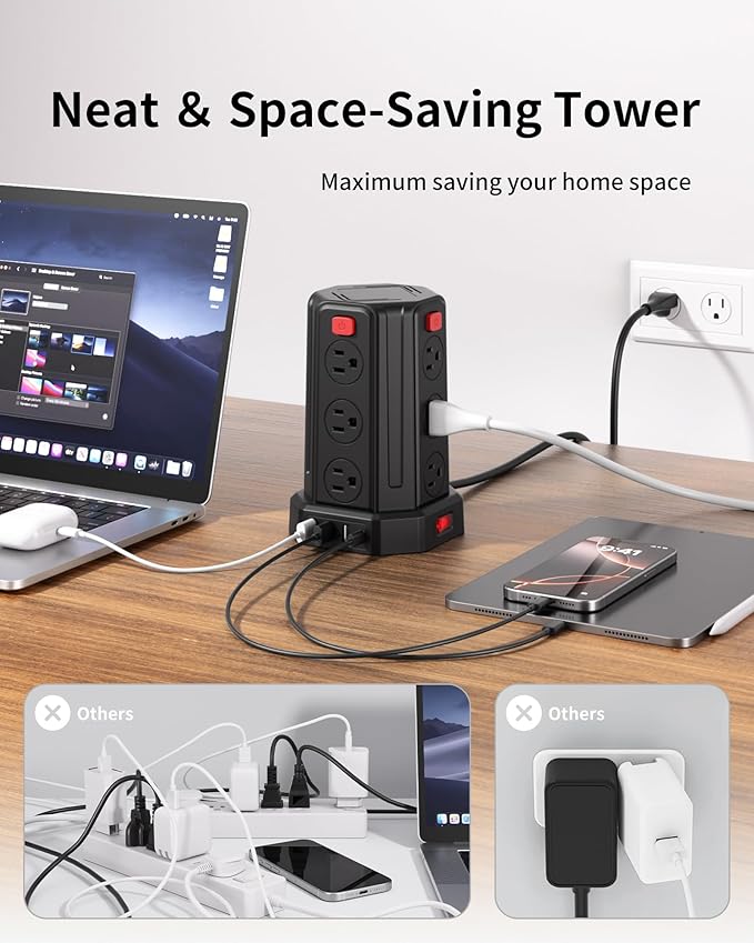 Power Strip Surge Protector, 6.5 Ft Extension Cord with 12 AC Multiple Outlets 4 USB (1 USB C), SMALLRT Power Tower Desktop Charging Station