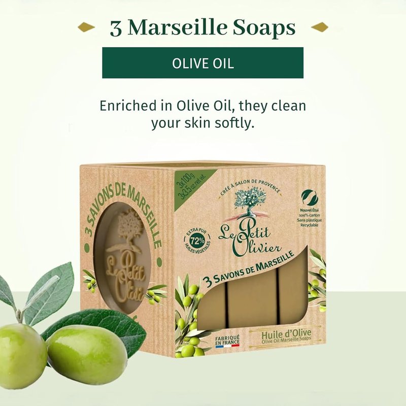 Le Petit Olivier Olive Oil Marseille Soap - Enriched with Natural Extracts | 3 x 3.5 oz - Gentle & Cruelty-Free