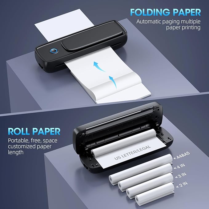 GUTHERREN Portable Printer Wireless for Travel，Bluetooth Thermal Printer Support 8.5" X 11" US Letter &Legal, A4&A5 Thermal Paper, Inkless Compatible with iOS, Android & Laptop for Office Car Home