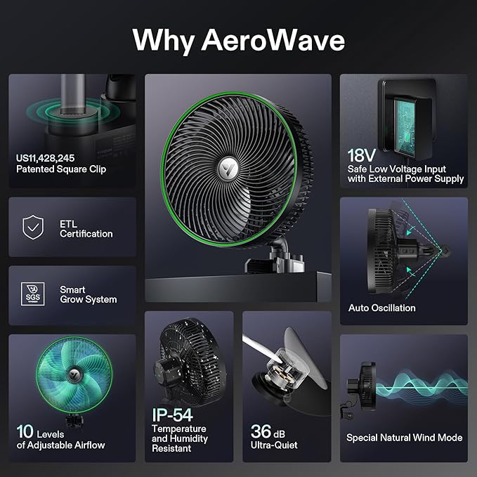 VIVOSUN AeroWave E9 Grow Tent Fan, 9" Auto Oscillating Clip Fan with EC Motor, US Patented Circulation Fan, IP54 Weatherproof, Strong Airflow & Quiet for Hydroponic Ventilation
