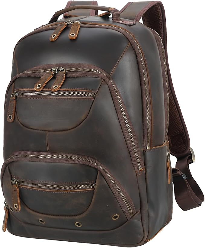 TIDING Leather Laptop Travel Backpack for Men Fits 15.6" 16" Computer, Large Business Work Bag Vintage Overnight Weekender Daypack Camping Rucksack
