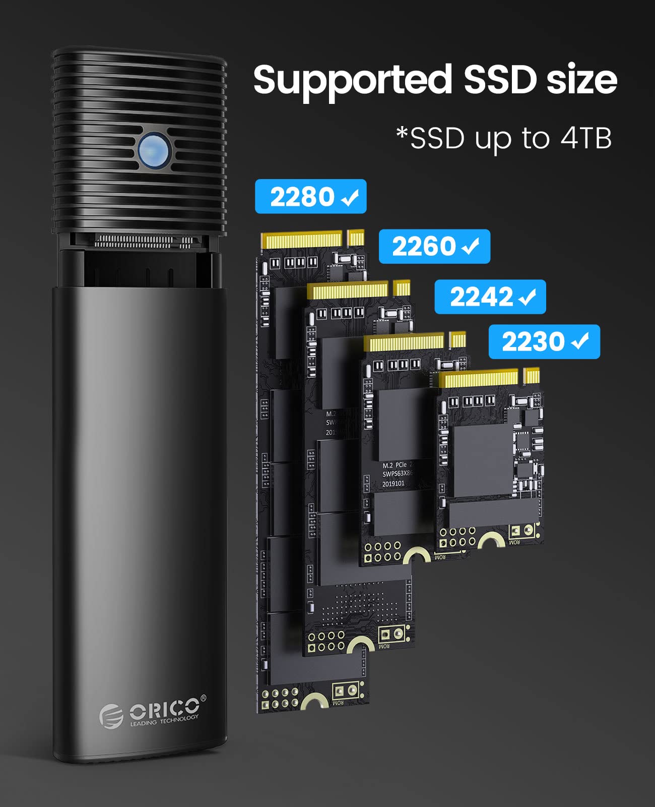 ORICO M.2 NVMe SATA SSD Enclosure Adapter Tool-Free, USB C 3.2 Gen 2 10Gbps NVMe, 5Gbps NGFF SATA PCIe M-Key(B+M Key) 2230/2242/2260/2280, Aluminum External M2 Reader Support UASP Trim- PWDM2-BK
