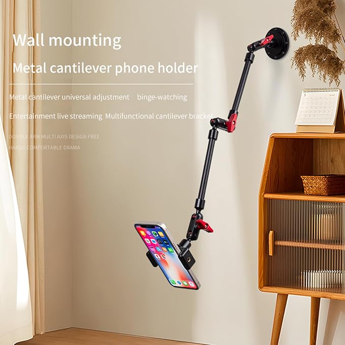 Wall Mounted Phone Holder Magic Arm 360° Rotation Adjustable Metal Base Screw in Wall Sturdy for Kitchen Bedroom Home 22 Inch ABS Phone Clip
