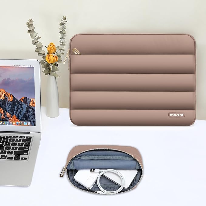 MOSISO Laptop Case 14 inch, 14 inch Puffy Laptop Sleeve Compatible with HP Lenovo Dell ASUS Acer, HP Stream, Dell Latitude, Lenovo IdeaPad, Polyester Horizontal Bag with Small Case, Brown