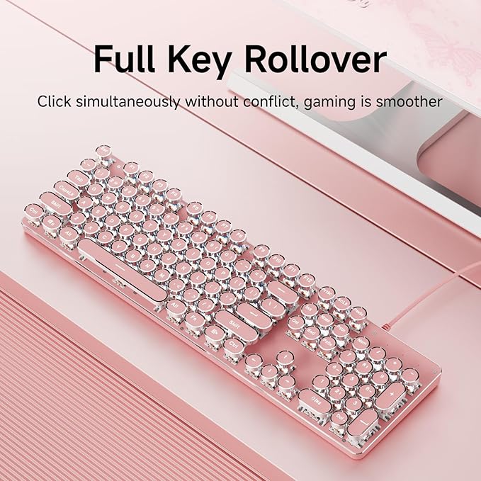 SEUNKWANG Typewriter Style Mechanical Gaming Keyboard with White Backlit, Wired Retro Punk Computer Keyboard Durable Metal Panel, Clicky Blue Switch, Round Keycaps, Full-Size for PC/Desktop/Win, Pink