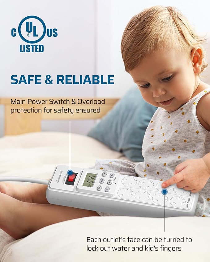 DEWENWILS 8 Outlet Power Strip with Timer (4 Timed/4 Always On), Indoor Digital Outlet for Reptile Light, Turtle Grow Light, Bearded Dragon Tank, Aquarium, 6ft Flat Plug Cord, 15A, UL Listed