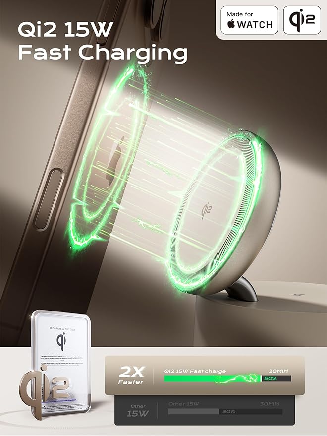 3 in 1 Wireless Charging Station, Qi2 15W Charger for iPhone 17/16/15/14/13/12 Series, iWatch, Airpods, iPad, 65W Charger Included (Sand, 3 in 1)
