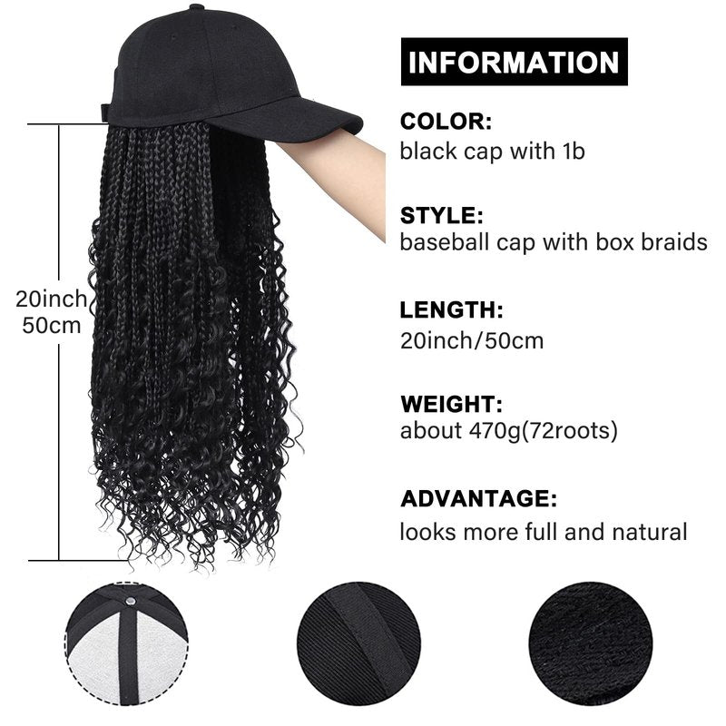 GUOJIAN Goddess Box Braiding Baseball Cap Wig, Black Bohemian Curly Ends Box Braids Hat with Braided Hair Extensions for Black White Women, Synthetic Braids Hat Wig with Hair Attached