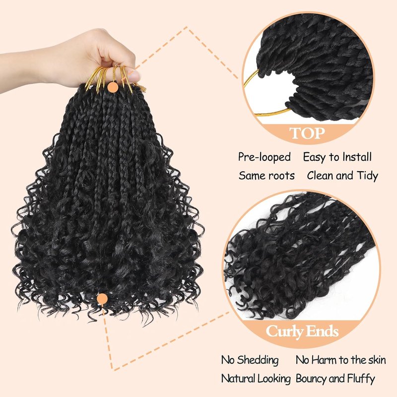 Goddess Box Braids Crochet Hair - 8 Inch Pre-Looped Boho Braids | Curly Ends, 8 Packs for Black Women