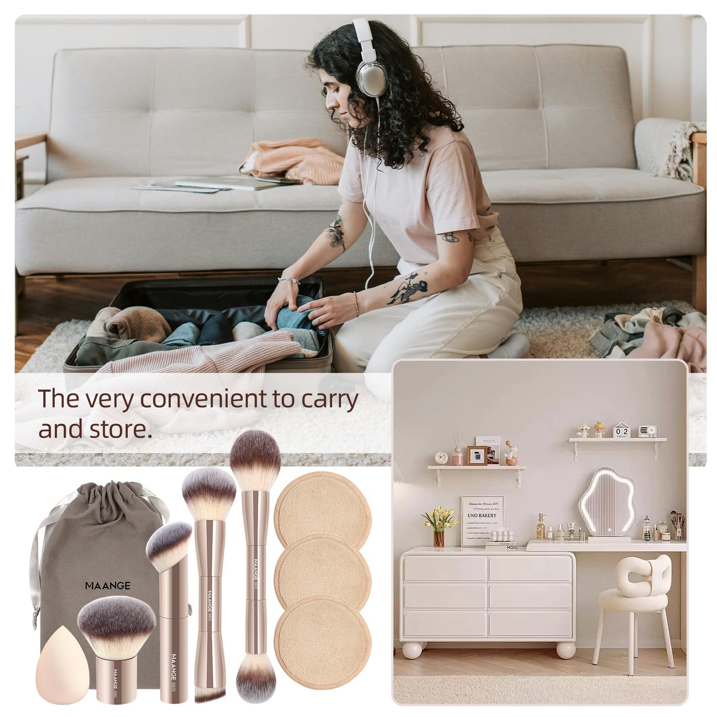 MAANGE 9 PCS Makeup Brush Set Foundation Brush Double Makeup Brushes for Blending Liquid Powder Concealer Cream Blush Buffe Contour Make up Brush Kit (Gold)