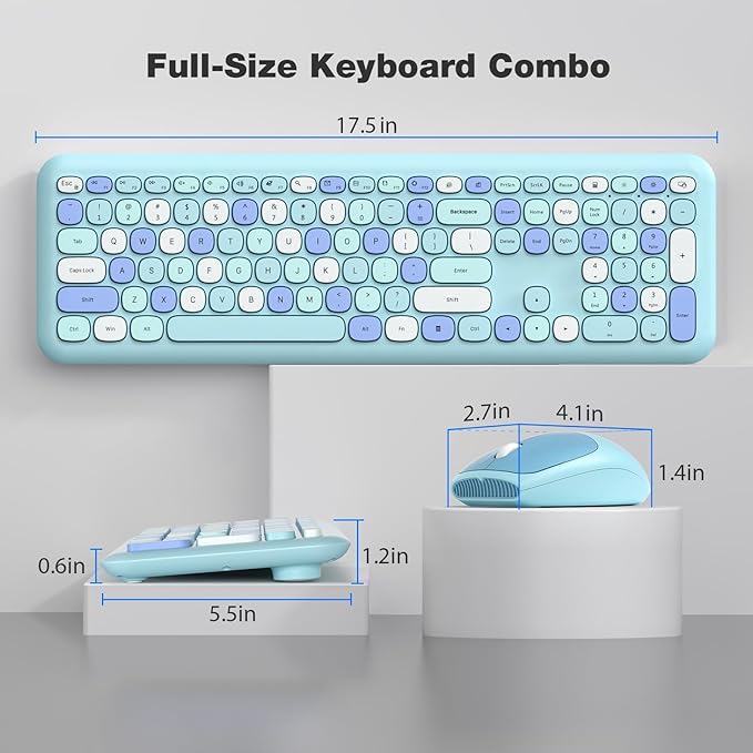 KNOWSQT Wireless Keyboard and Mouse Combo, Pale Blue Full-Sized 2.4G Silent Keycap Colorful Keyboards, USB Dongle Plug Play, Laptop, Windows, PC, Mac, Desktop