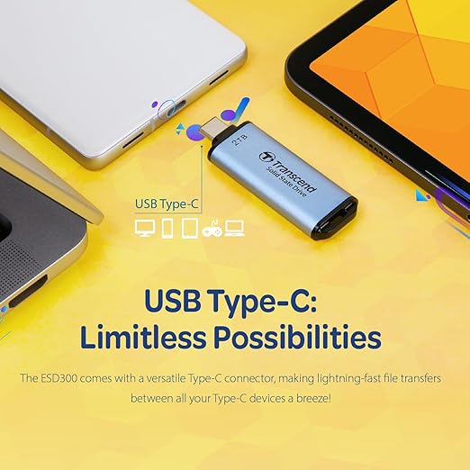 Transcend ESD300 1TB External SSD, Up to 1,050MB/s, Type C USB Drive for iPhone17,16,15, iPad&Mac/Pixel10/Tesla/Steam Deck/ROG Ally/MSI Claw/Android/PS5, Smart TV, USB 3.2 Gen2 Portable SSD- Sky Blue