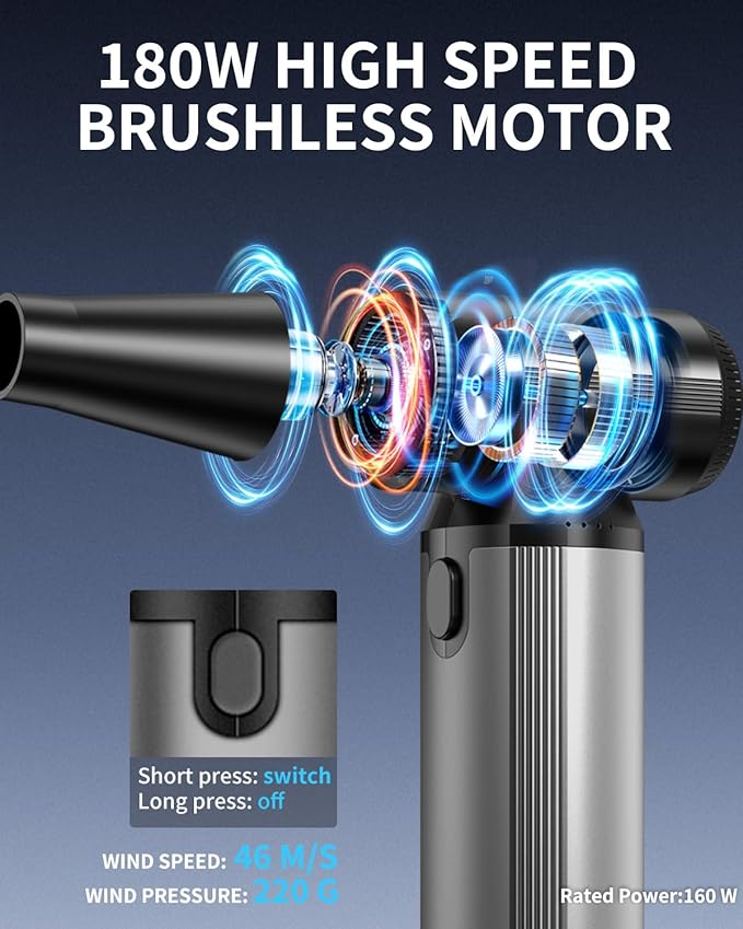 BOBYE Compressed Air Duster, 2-in-1 Blower & Vacuum, 180000RPM Cordless Air Duster with Fast Charging, 3-Gear Adjustable Mini Blower for Keyboard, PC, Car, and Home Cleaning