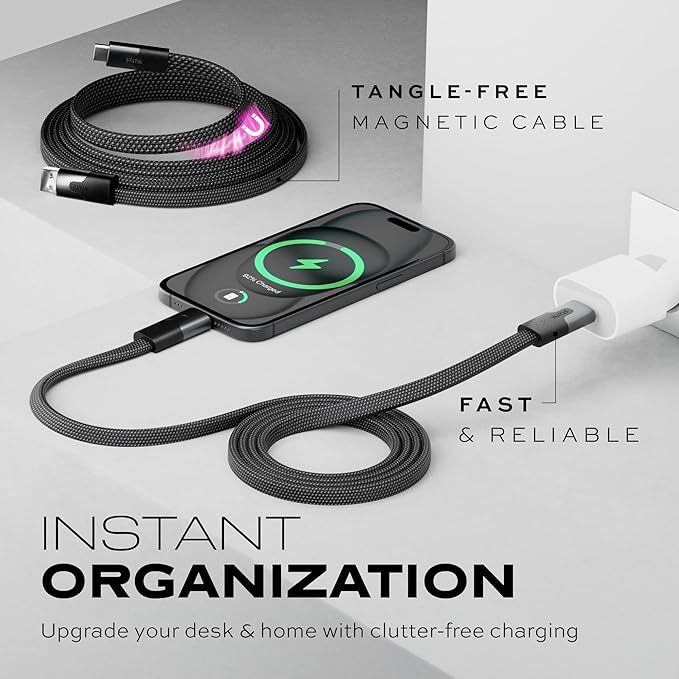 Statik MagStack Slim - USB to USB C Cable, Magnetic Anti Tangle Flat A to Type C Charger Fast Charging Cord, Magnetic Charging Cable, Compatible with iPhone, iPad & Android, 27W 6FT, 3-Pack