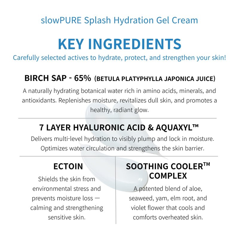 slowpure Splash Hydration Gel Cream - 65% Birch Sap, 7-Layer Hyaluronic Acid & Ectoin, Slow-aging Korean Skin Care Cooling Moisturizer for Instant Hydration and Barrier Care, 1.69 fl.oz