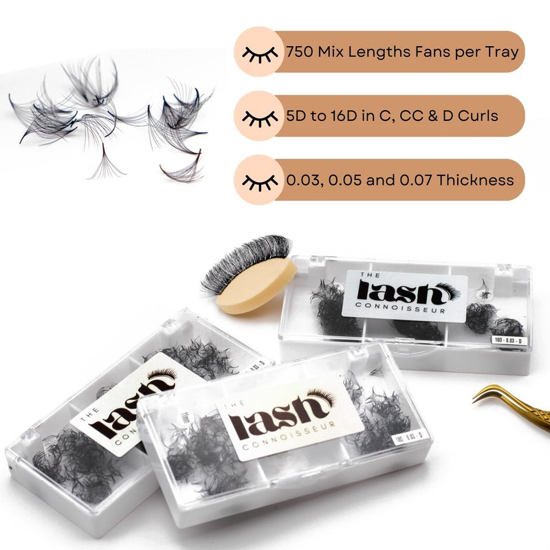 16D - D Curl 750 Fans Mixed Promade Fans Lash Extensions | TLC Lash Supplies 4D to 16D Premade Fans 7 mm to 16 mm Mixed Length Thin Base Premade Fans Eyelash Extensions (16D - D Curl, 9-10-11 mm)