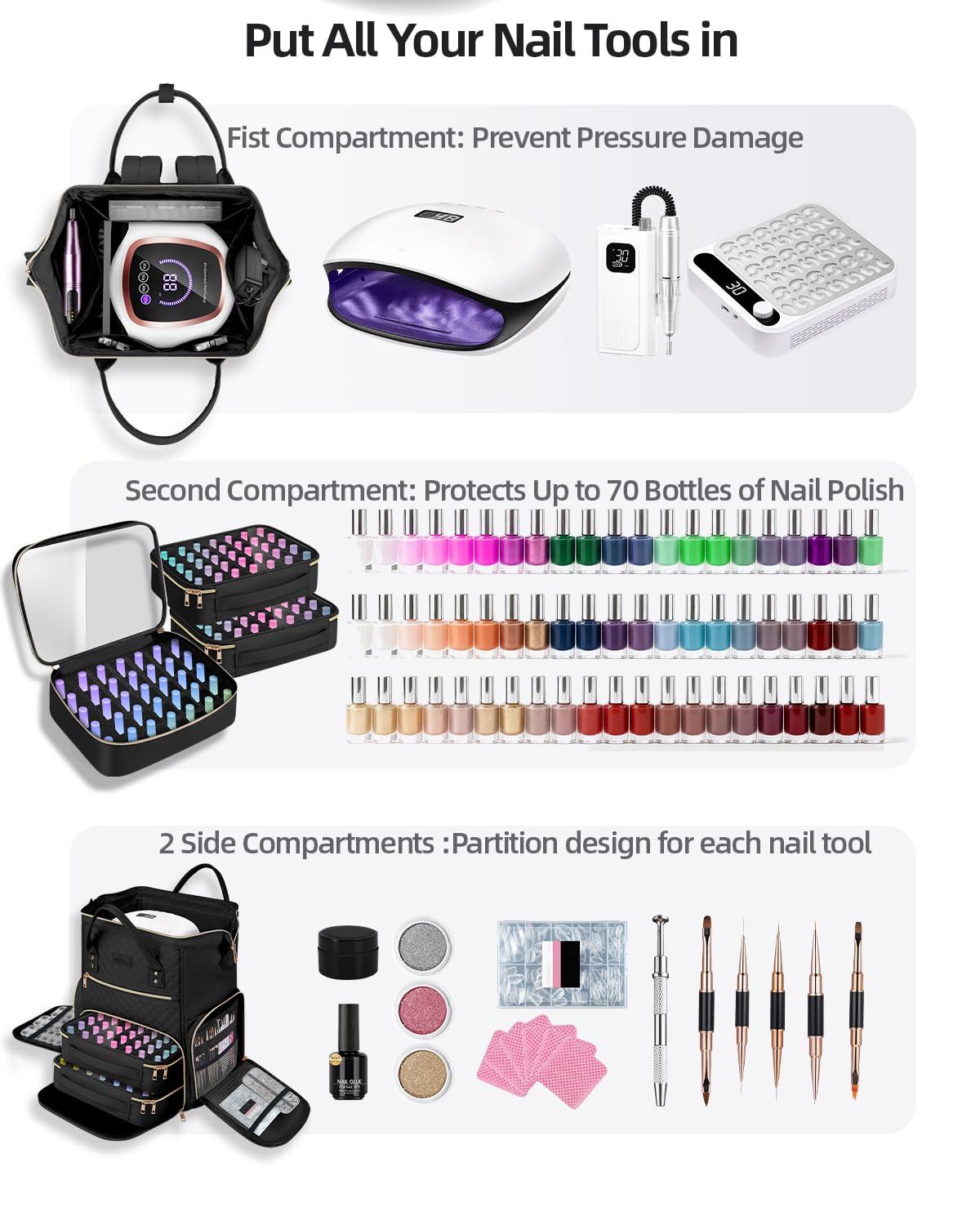 Awlcaw Large Nail Polish Organizer Bag Backpack Holds 70+ Bottles(15ml/0.5 fl.oz) UV Nail Lamp,Nail Organizers and Storage with 2 Removable Pouches Fits Nail Tool,Gift for Manicurist，Black