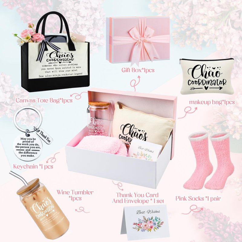 Paterr 7 Pcs Coworker Gifts for Women Thank You Gifts Include Tote Bag Makeup Bag 18oz Cup Socks Keychain Thank You Card and Box for Coworker Nurse Wife