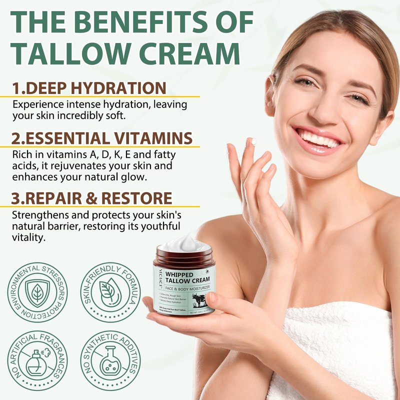 Whipped Beef Tallow for Skin - 100% Grass Fed Pure Beef Tallow with Honey, Natural Moisturizing Cream for Face and Body, Deep Hydration Softens Dry Skin, Nourishing Tallow Cream 4.2 Oz (2 Packs )