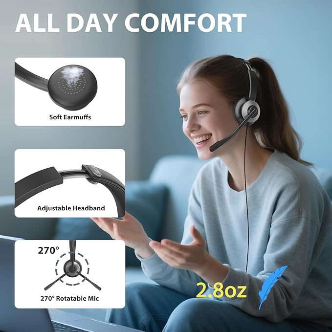 Earbay USB Headset with Microphone for PC, Headset with Mic, Computer Headset with Noise Canceling Microphone for Laptop, Wired Headphones with Mic for Work from Home/Call Center/Open Office (Black)