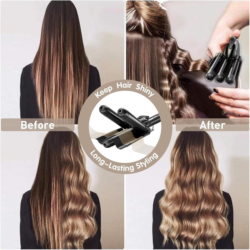 3 Barrel Beach Wave Curling Iron - 1 Inch Hair Crimper with Adjustable Temperature & Quick Heat-Up | Foldable Design