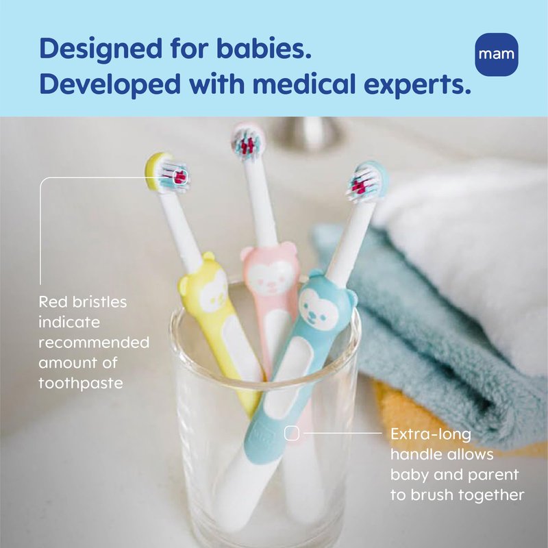 MAM Baby Toothbrush Training Brush 5+ Months – Extra Soft Infant Toothbrush with Safety Shield, Small Rounded Head for First Teeth & Gums, Indicator Bristles, Non Slip Handle, BPA Free (2 Pack)