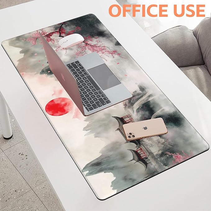 NIYLYNSYN Mouse Pad Large Chinese Landscape Painting Non-Slip Game Desk Mat with Stitched Edge Laptop Keyboard Desk Pad for Work Home Gaming (35.4 x 15.7 Inches)