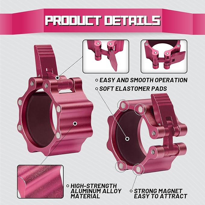 RitFit 2-Inch Magnetic Barbell Collars Locking Clamps - Heavy Duty Aluminum Alloy, Quick Release with Non-Slip TPR Pads for Olympic Weightlifting Powerlifting Training (Pair), Pink