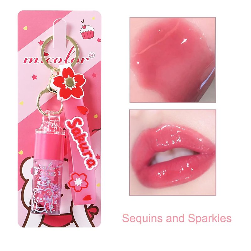 Hydrating Lip Gloss Set - Glossy Shimmer Finish | 3 Colors with Natural Moisturizing Formula & Sakura Keychain Design