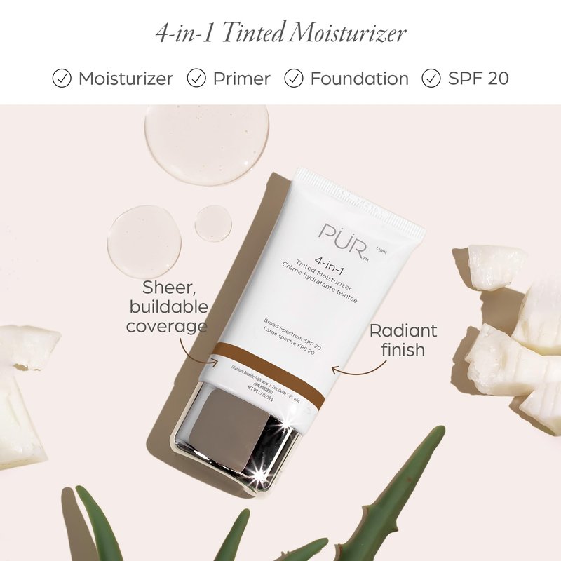 PÜR MINERALS 4-in-1 Tinted Moisturizer with SPF 20 - Hydrating Skin Tint Face Moisturizer, Primer & Foundation with Shea Butter, Aloe Vera & Vitamin B3 - Vegan Friendly, Paraben Free (Dark Almond)