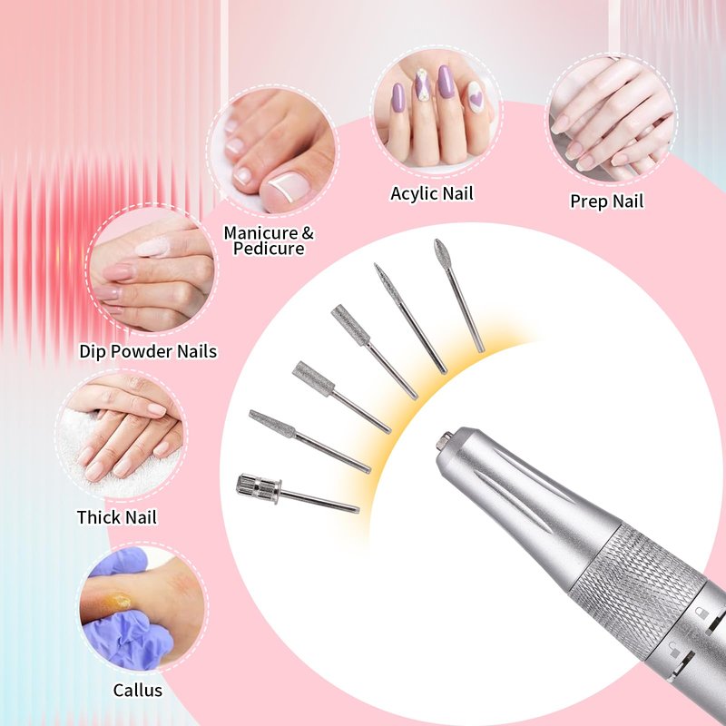 Portable Nail Drill File Electric 45000RPM Rechargeable DIY Nail Drill Kit with Large LCD Screen Led Indicator Cordless with Bits & Base for Gel Nail Manicure and Pedicure Reflective Body etc