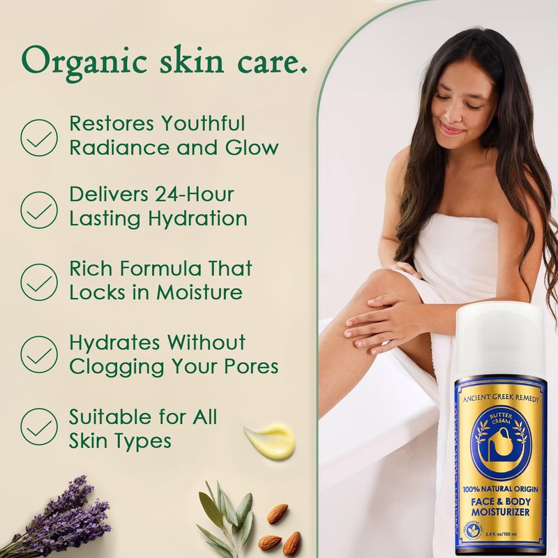 Ancient Greek Remedy Organic Face Moisturizer for Dry Skin - Anti Aging Face & Body Butter Cream - Almond, Jojoba, Olive, Rosehip, Vitamin E, Lavender Oil. Natural Lotion for Women & Men 3.4 oz