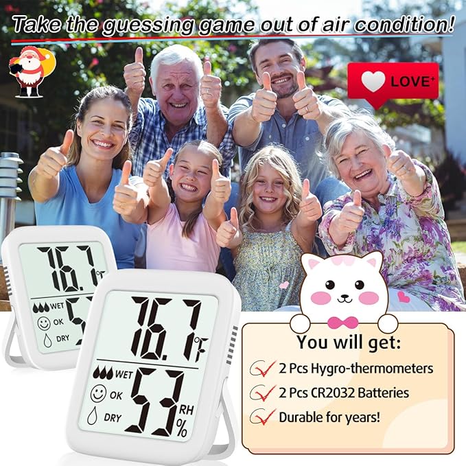Antonki 2 Pack Room Thermometer for Home, Hygrometer Indoor Humidity Meter Gauge, Digital Temperature and Humidity Monitor Sensor for House, Terrarium, Incubator, Greenhouse - Battery Included