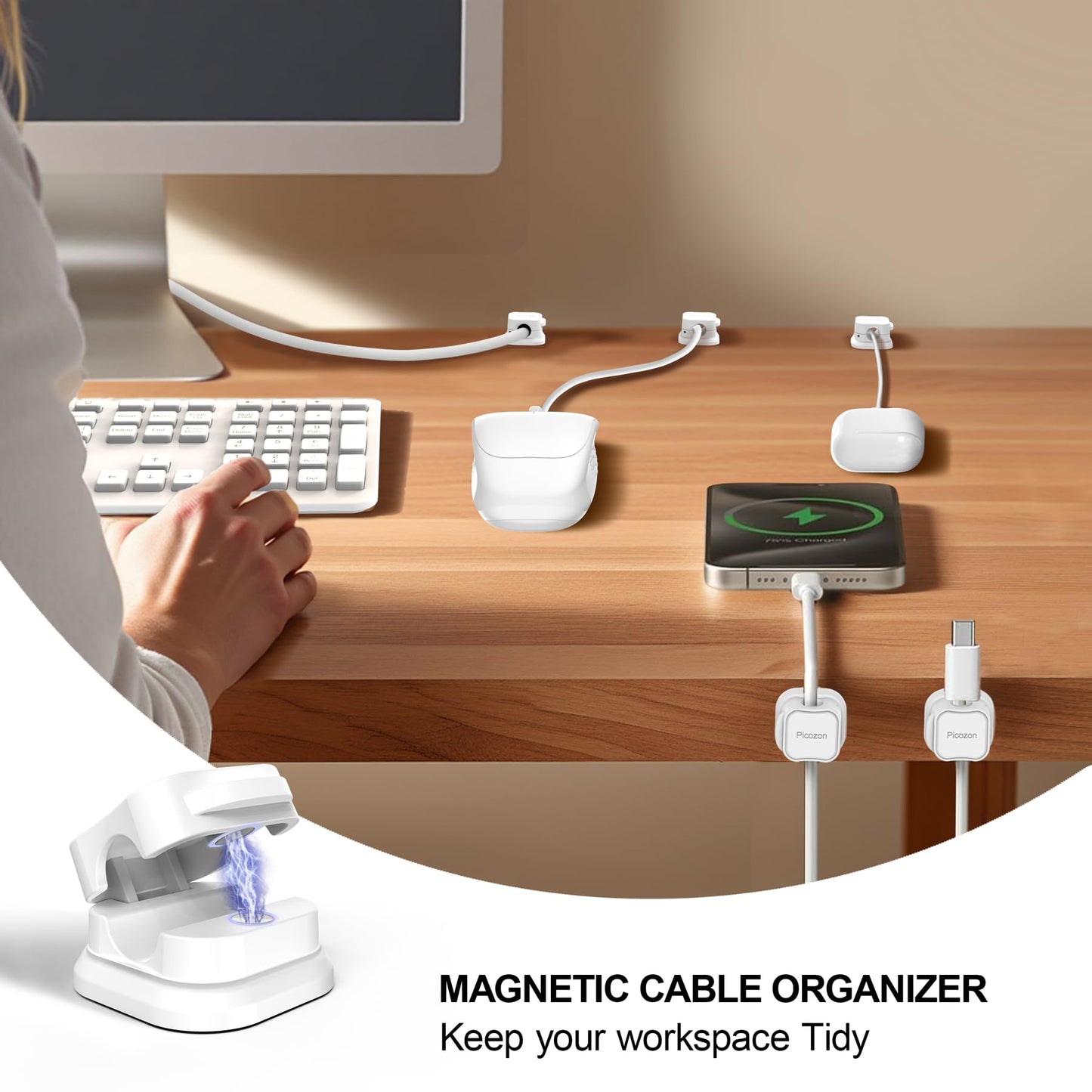 6 Pack Magnetic Cable Clip Organizer Cord Holder, Picozon Adhesive Cable Management, Wire Phone USB Charger Cable Holder, Keeper Organizer for Office Home Desktop Table - White