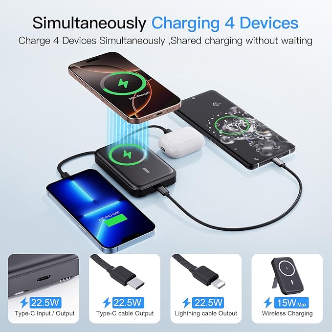 VTIAEK 2026 Latest Portable Charger, 16800mAh Magnetic Wireless Power Bank with 2 Built in Cables, LED Display Battery Pack Travel Essentials for iPhone 17/16/15/14/13/Pro/Mini/Pro Max Andriod