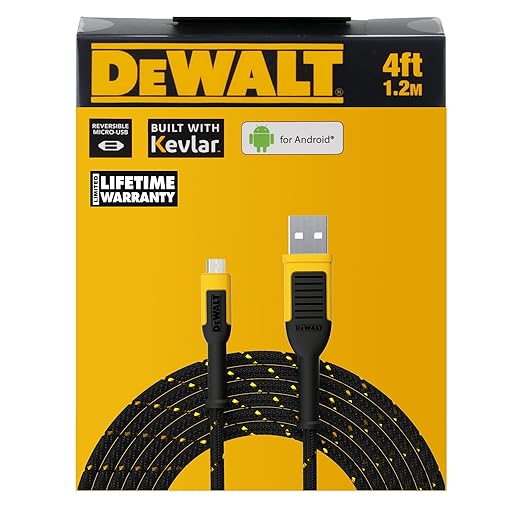 DEWALT Heavy Duty USB to Micro-USB Cable, Jobsite Micro USB Connector Cable, High Speed Charging Cord for Compatible Android Phones, Cameras, Legacy Devices, 4 ft
