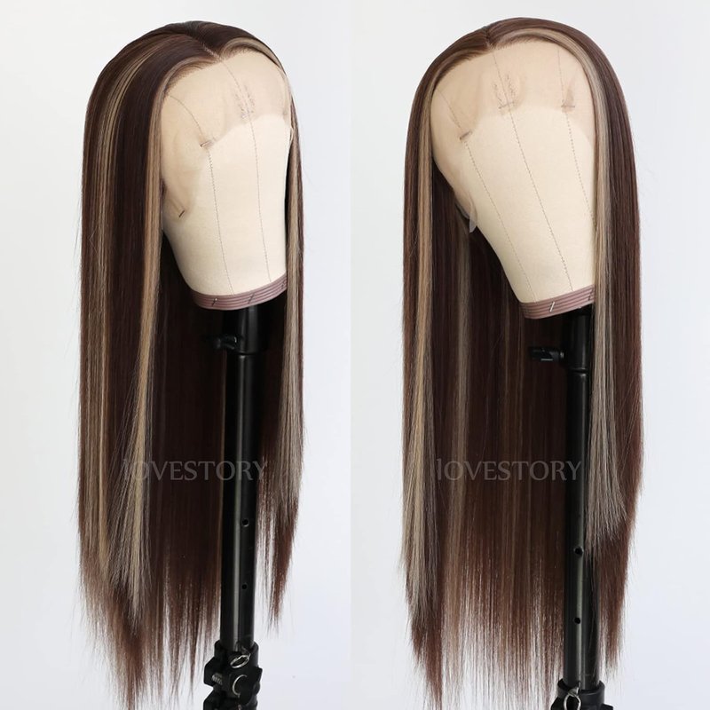 Brown Hair Highlights Lace Front Wig - Long Straight Synthetic Hair, Heat Resistant | 13x3 Size