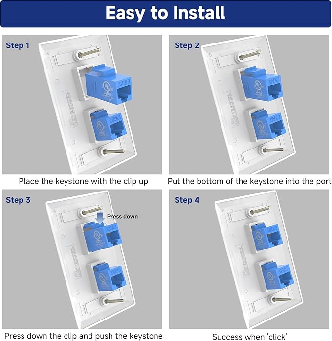 VCE Ethernet Wall Plate (UL-Listed), 2-Port CAT6 Wall Plate and Jack, RJ45 Keystone Wall Outlet with Single Gang Low Voltage Mounting Bracket, Blue 2-Pack