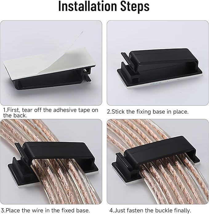 GGFOXLEW Adhesive Cable Clips Holder, Outdoor Light Clips, Black Cord Wire Clips, Sturdy Nylon Cord Wall Finisher Wire Clamp for Home, Car, Office Desk Wire Management (Black, XL-40 PCS)