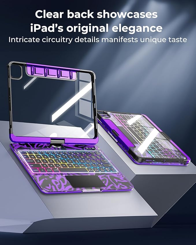 TSQQST Clear Wireless Keyboard Case for iPad (A16) 11th Generation 11-inch 2025/ iPad 10th Generation 10.9-inch 2022 with Pencil Holder & Multi-Touch Trackpad, 7-Color Backlit, 360 Rotatable, Purple