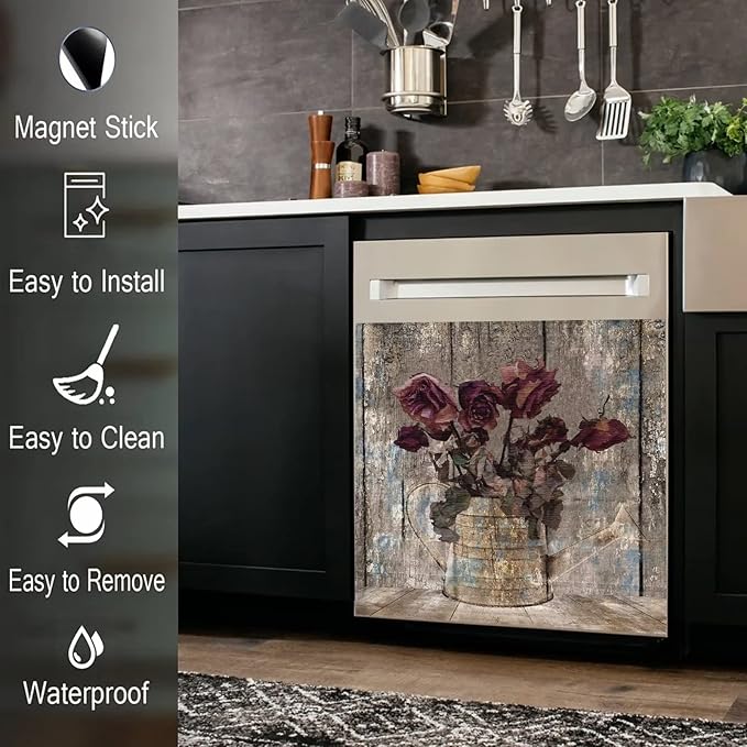 Retro Farm Wood Dishwasher Cover Door Decorative,Retro Rose Dishwasher Magnet Cover Front Sticker,Vintage Farm Floral Dishwasher Decal Home Appliance Panel Stickers 23"x26"