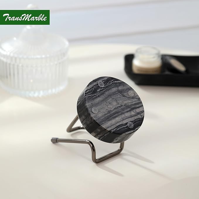 TransMarble Marble Phone Stand with Metal Holder, Charging Available While Using, Swipe Up to Unlock, Made of Natural Marble as Business Card Holder for Office Desk (Wooden Black + Black)