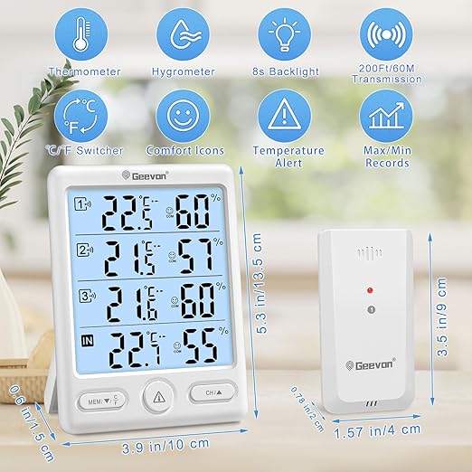 Geevon Indoor Outdoor Thermometer Wireless, 5-Inch Display Digital Hygrometer Thermometer Temperature Humidity Monitor with 3 Remote Sensors and Backlight, Battery-Powered