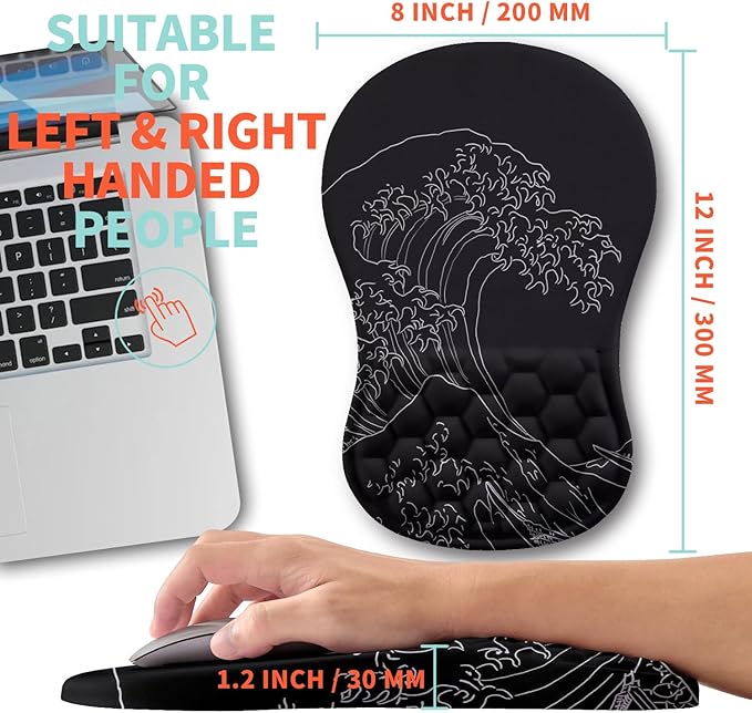 Kuosgm Ergonomic Mouse Pad Wrist Support with Memory Foam Massage Bulge, Carpal Tunnel Pain Relief Mousepad Wrist Rest for Mouse(12x8 inch,Sea Wave)