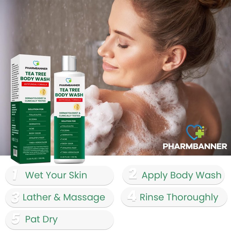 PHARMBANNER Tea Tree Antifungal Body Wash – Soothes Folliculitis, Acne, Jock Itch, Athlete’s Foot, Ringworm, Tinea Versicolor, Body Odor, Eczema & Dermatitis-Prone Skin