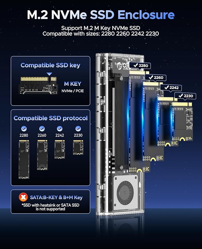 ORICO 40Gbps M.2 NVMe SSD Enclosure with Built-in Cooling Fan, Tool-Free, Support 2230 2242 2260 2280(M Key), Compatible with Thunderbolt 4/3 USB4/3.2-TCM2U4-BLACK