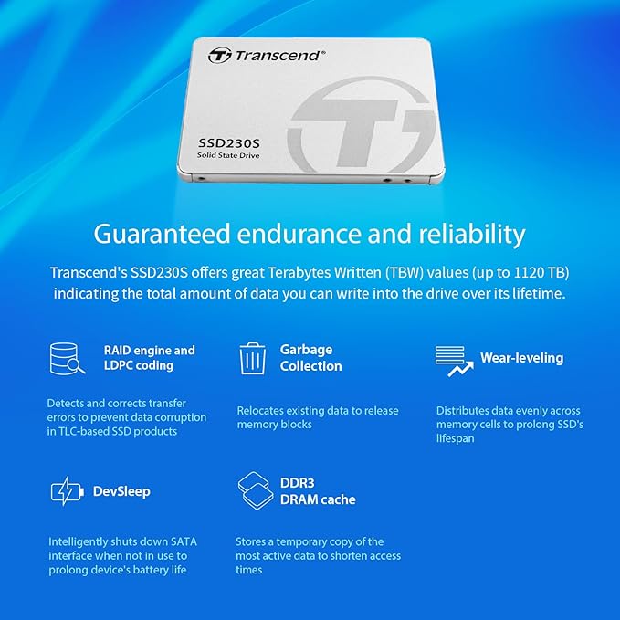 Transcend SSD230 512GB 2.5" SATA III 6Gb/s Internal SSD with DRAM, Up to 560MB/s, for PS4/ PCs/Laptops, Desktops/Notebooks, 3D TLC Internal Solid State Drive with SLC Cache, RAID Engine, LDPC Coding