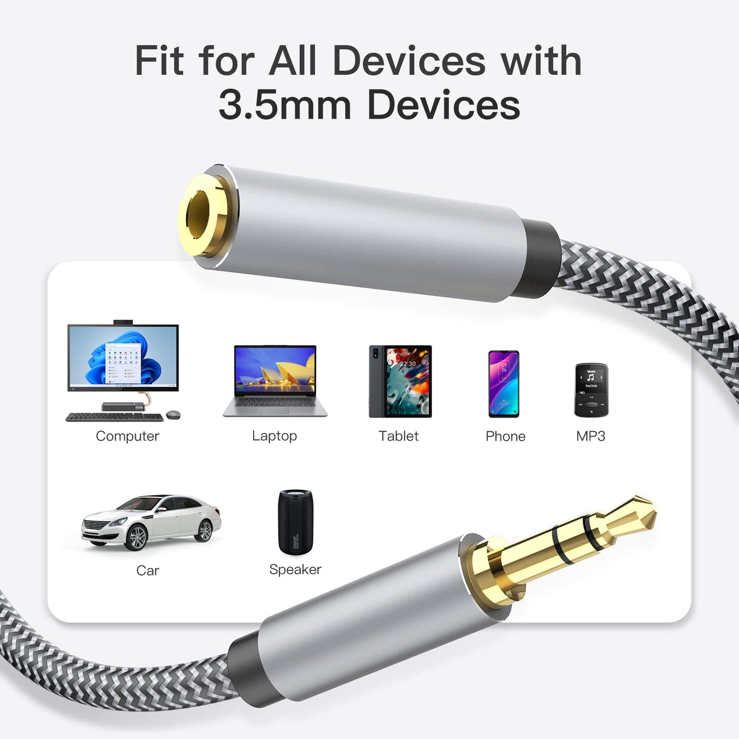 3.5mm Headphone Extension Cable 20ft, Nylon Braided Aux Cord Extender for Smartphones, Tablets, Media Players (No Mic Support)