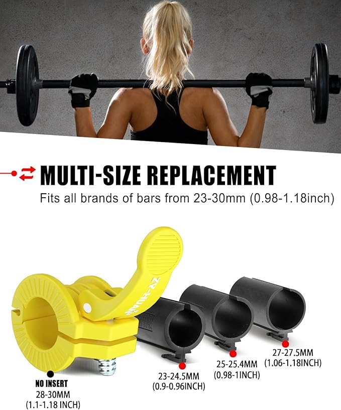 ZY-HUAN Pro Barbell Clips 1 inch Barbell Clamps 0.9-1.18inch Quick Release Weight Clips for Bars Multi-Size Adjustable Olympic Barbell Clamps (Yellow)